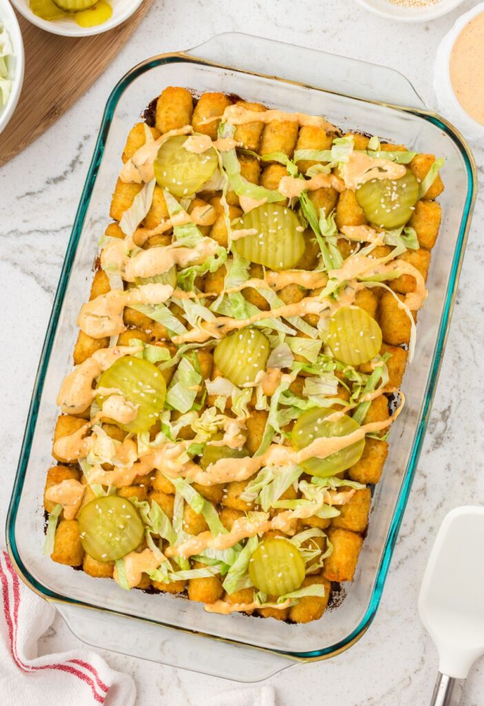 View of the baked tater tot casserole that tastes like a Big Mac.