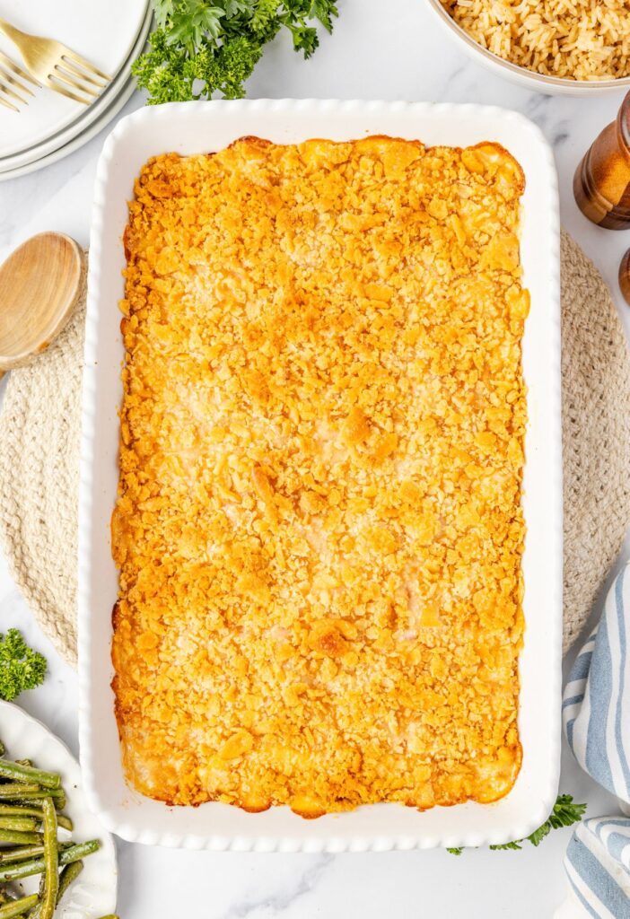 Top view of the casserole inside the casserole dish.
