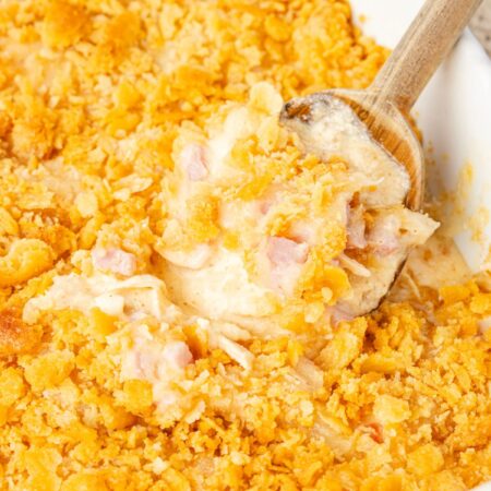 Casserole dish with a serving spoon in it