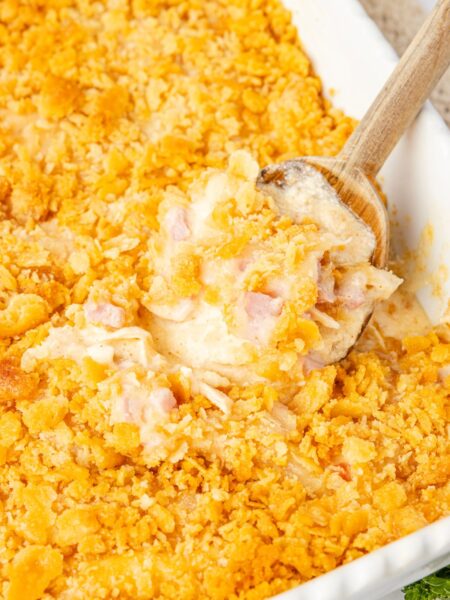 Casserole dish with a serving spoon in it