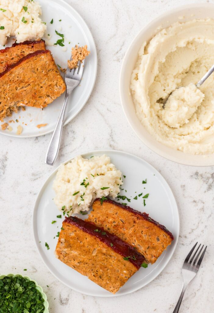 overhead pic of the meatloaf and a serving plate