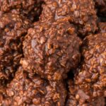 Close up photo of the no bake cookies in a pile.