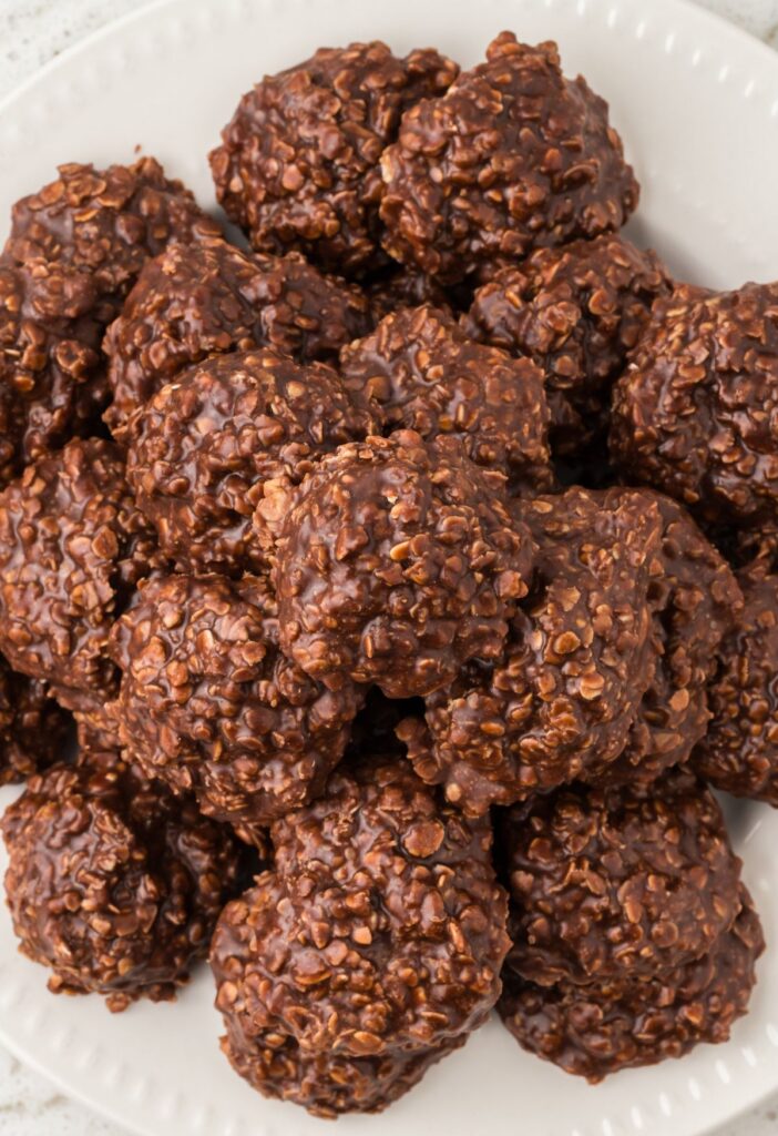 White plate with no bake cookies on it