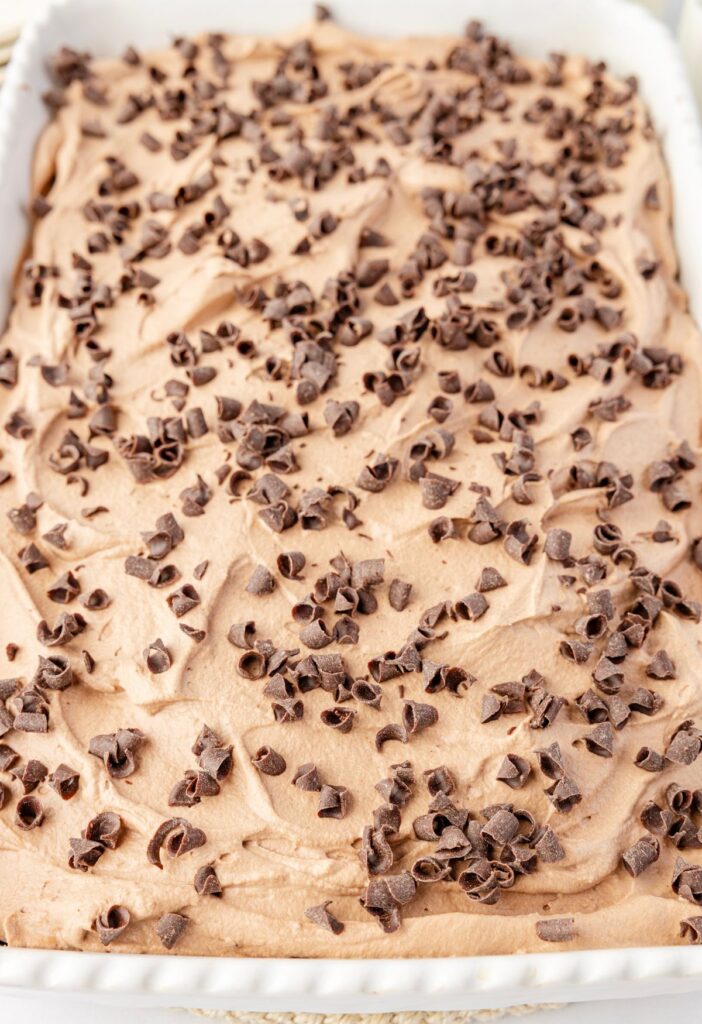 A cake with chocolate whipped cream frosting and chocolate curls on top.