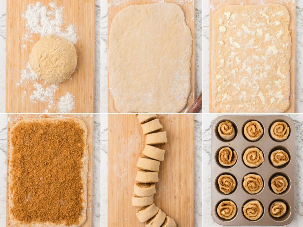 process images showing how to make cinnamon roll muffins