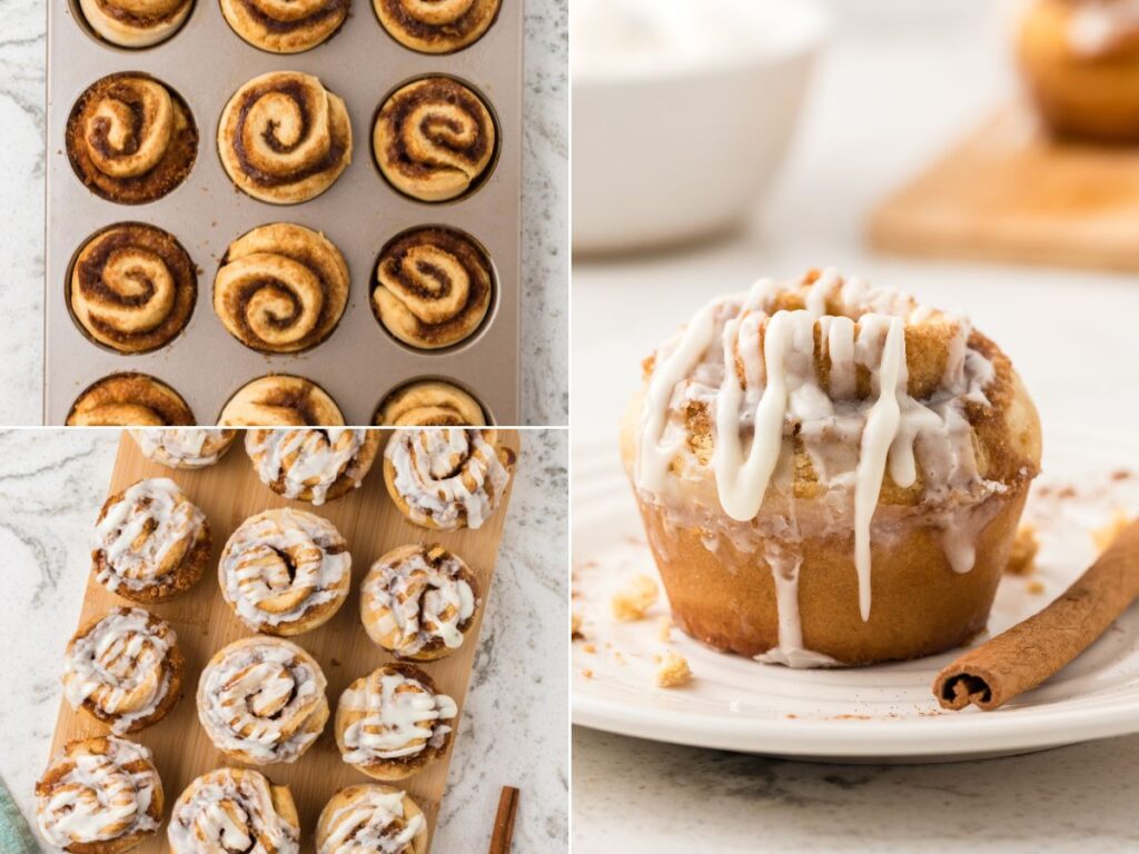 process images showing how to make cinnamon roll muffins