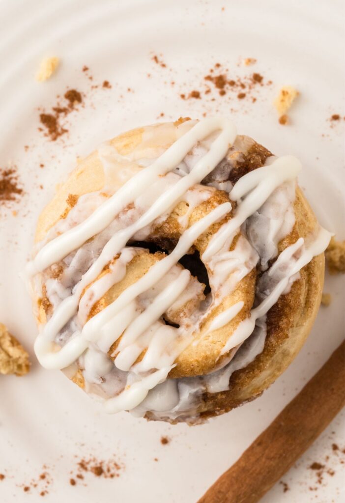 Top view of the glazed cinnamon roll muffin.
