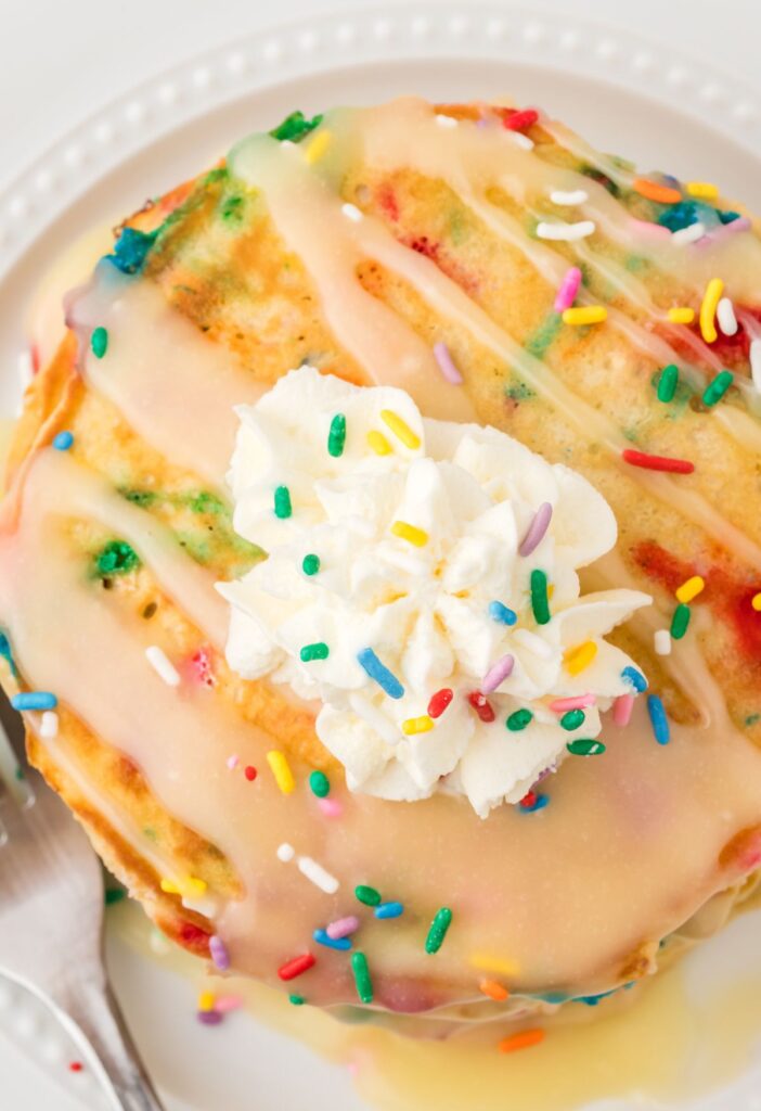 Top view of the stack of pancakes with sprinkles.