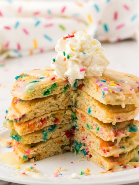 Stack of pancakes that have been cut into