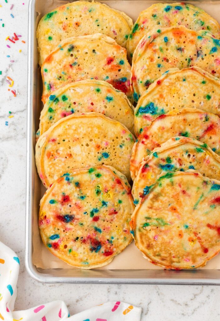 A baking sheet of funfetti pancakes