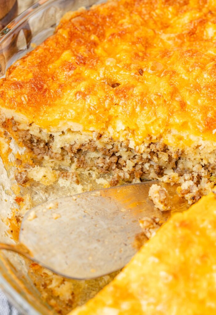 Side view of inside the baked hamburger pie