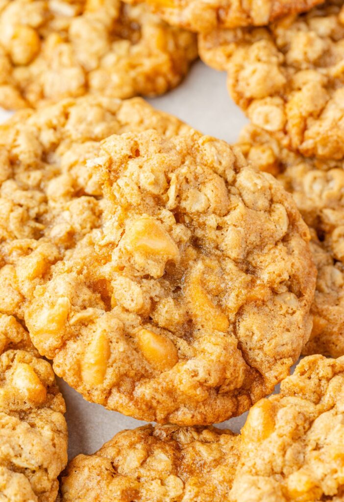 Close up of the cookie with butterscotch chips and oatmeal.