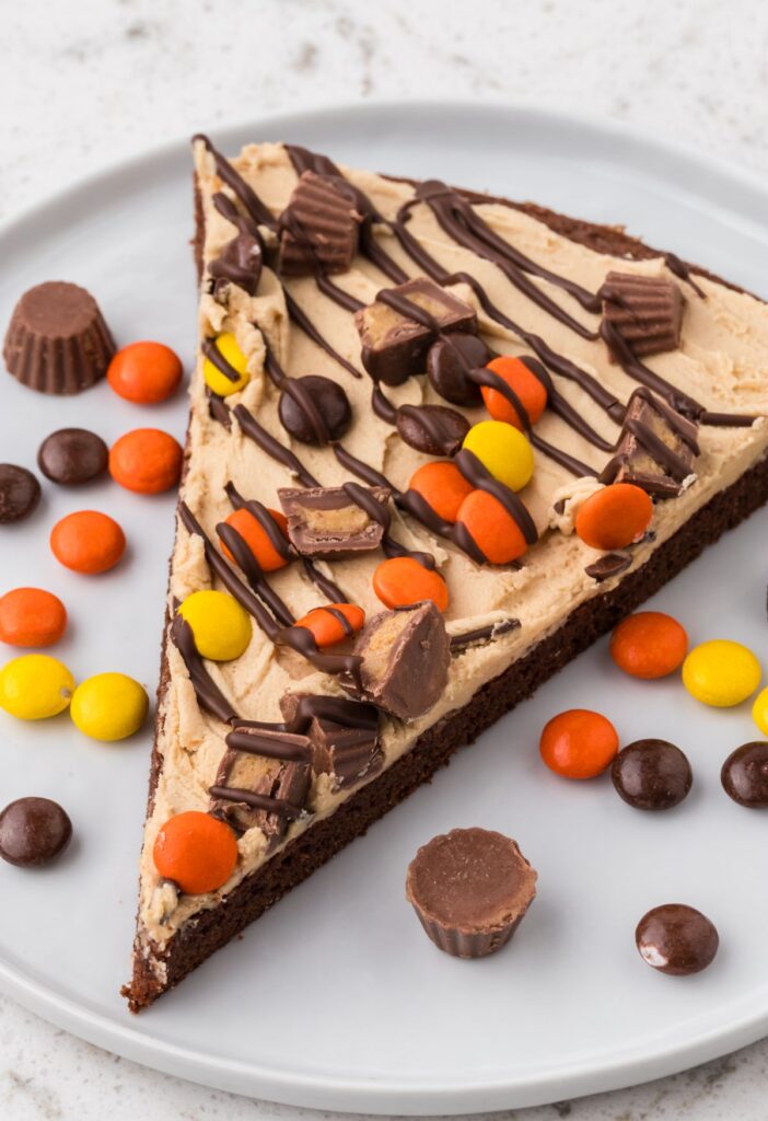 A slice of brownie pizza with frosting and toppings.