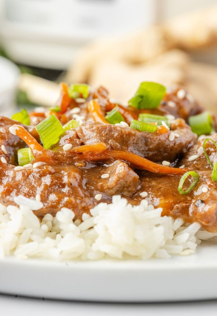 A serving of Mongolian beef with carrots over white rice on a plate.