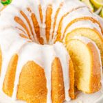 A bundt cake made with 7up on a cake stand
