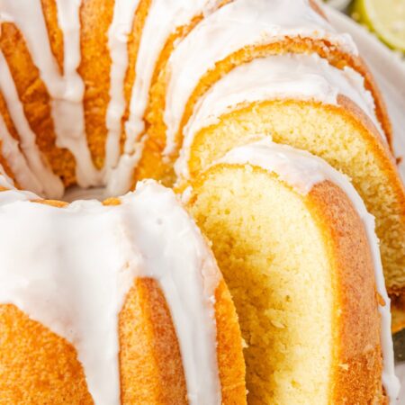 Close up of the sliced bundt cake made with 7up soda.