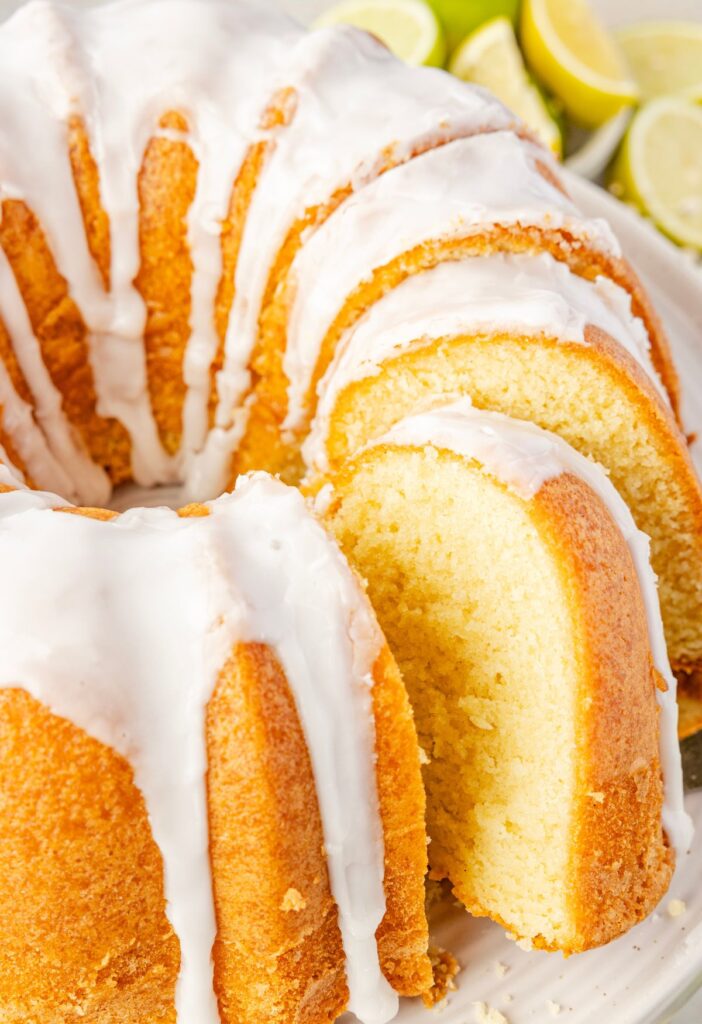 Close up of the sliced bundt cake made with 7up soda.