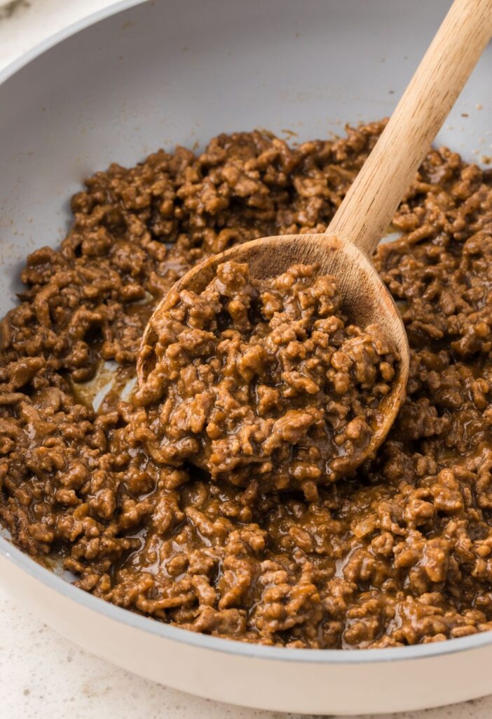 A skillet pan of sloppy Joe filling
