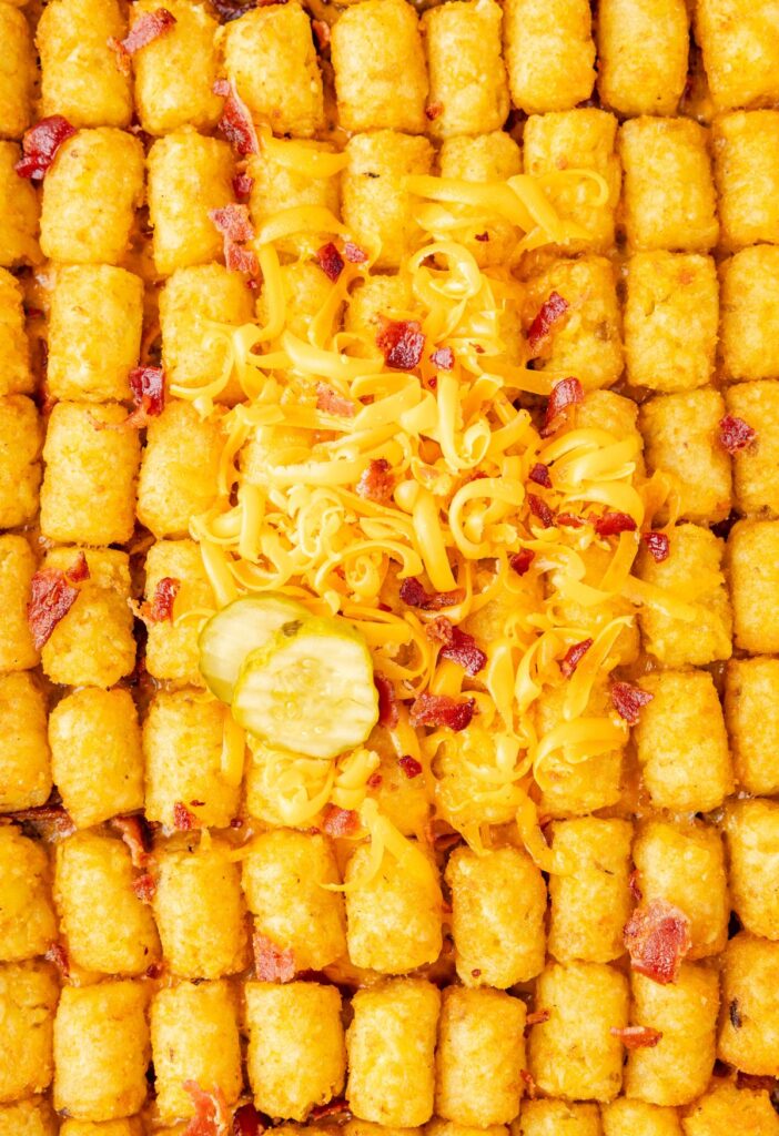 Top view of the tater tot casserole with crispy tater tots on top.