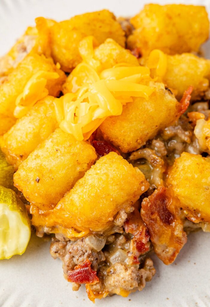 A serving of the casserole on a white plate.