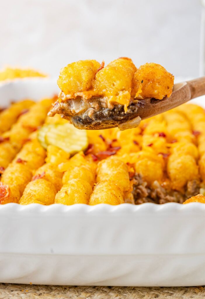 Side view of a scoop of the casserole