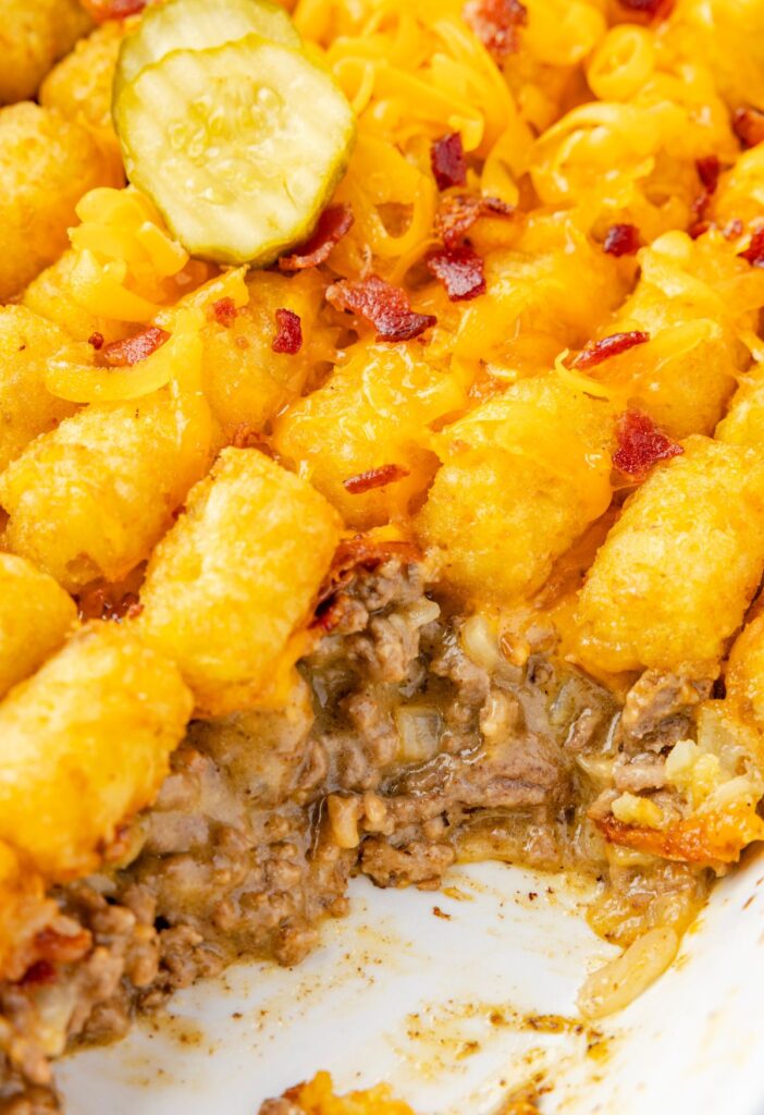 A side view of the inside of the tater tot casserole
