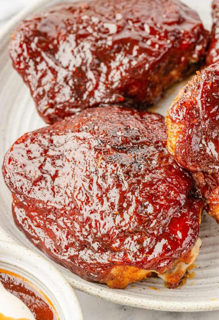 A barbecue chicken thigh that has been cooked