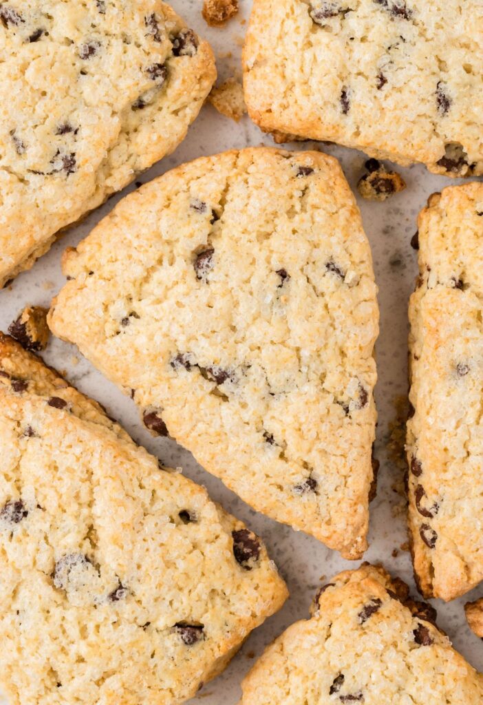 Baked scones with chocolate chips.
