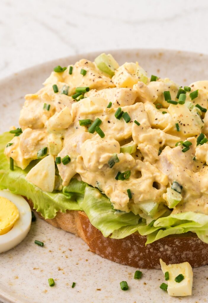 Deviled egg chicken salad sitting on top of lettuce on a piece of bread.