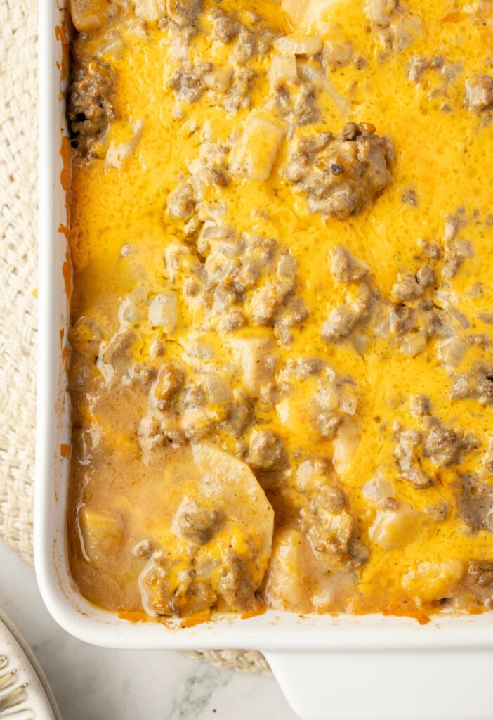 A casserole that has been baked with a cheesy topping.
