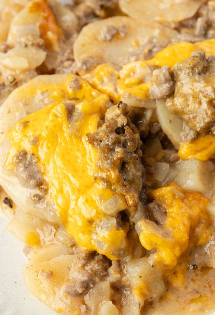 A serving of the casserole on a white plate