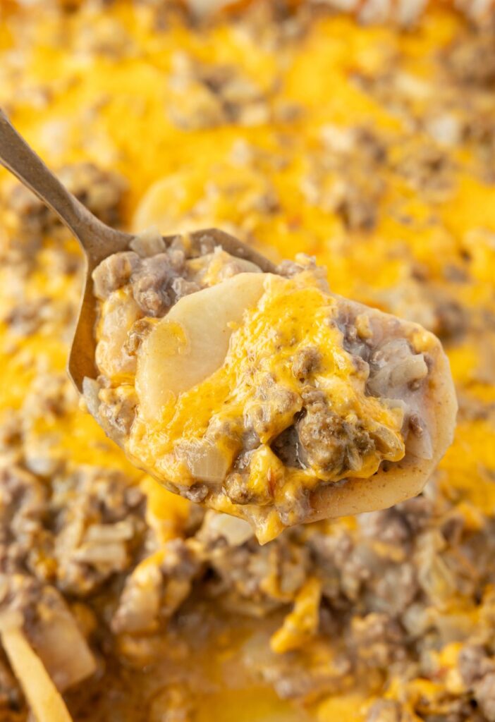 A serving scoop with some casserole on it