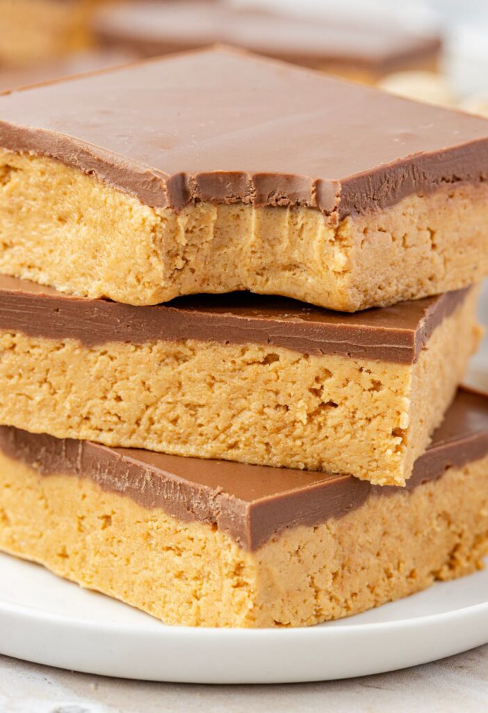 Stack of peanut butter no bake bars