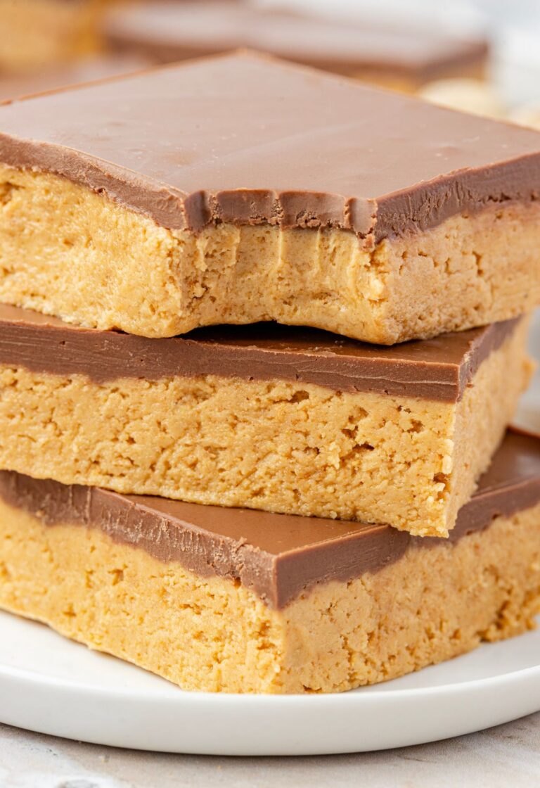 Stack of peanut butter no bake bars