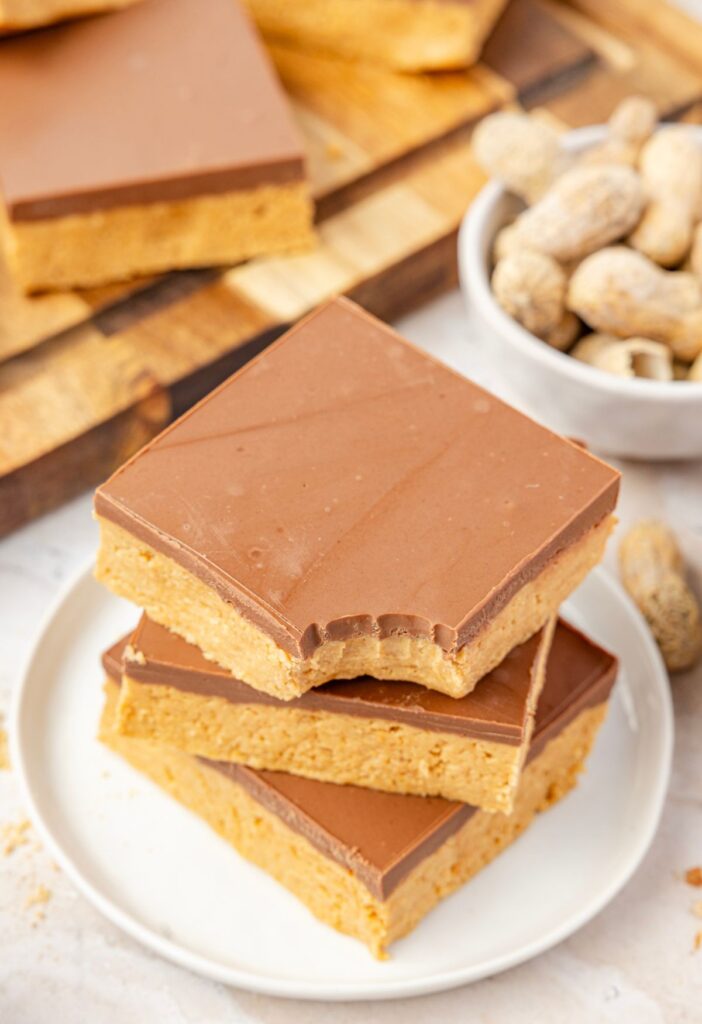 Stack of no bake peanut butter bars