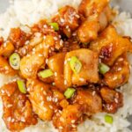 A serving of sweet chili chicken over white rice