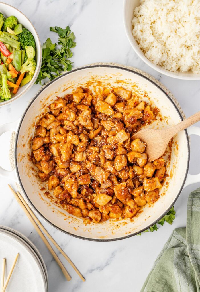 hero image of the cooked and ready to serve sweet chili chicken made with chicken thighs.