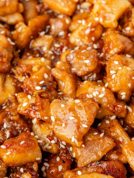 Close up of the crispy pan fried sweet chili chicken.