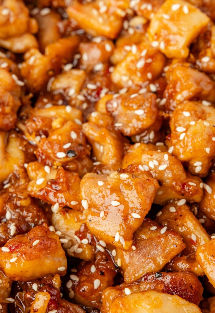 Close up of the crispy pan fried sweet chili chicken.