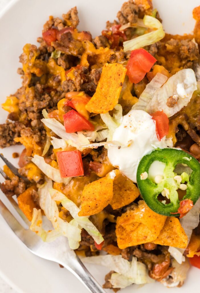 A serving of the casserole with a fork