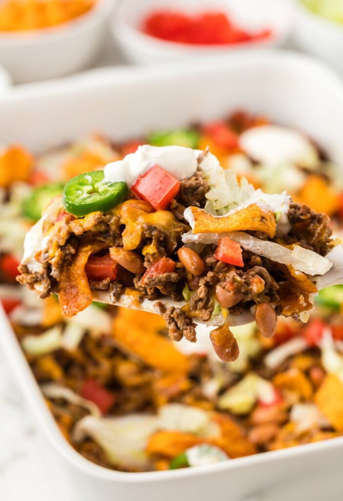 A scoop of the Fritos walking taco casserole