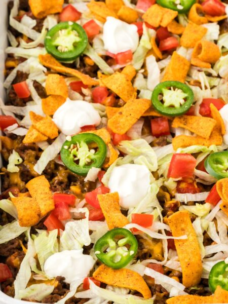 View of the baked casserole inside a white casserole dish