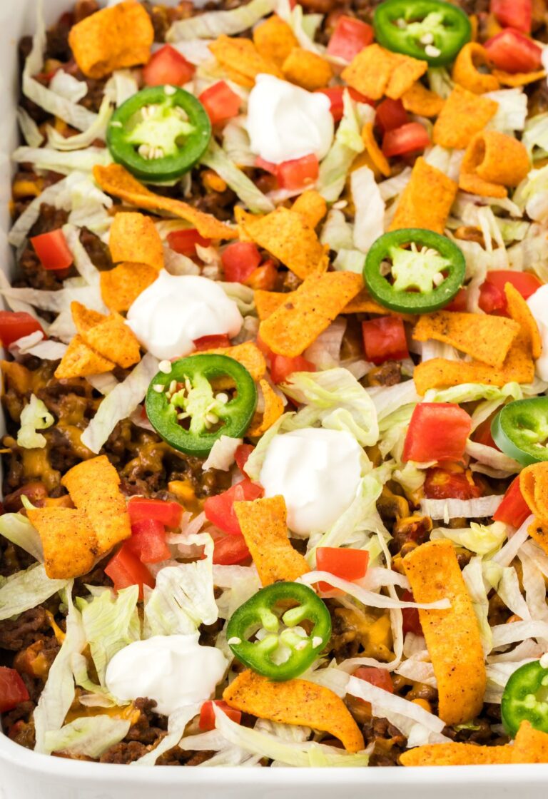 View of the baked casserole inside a white casserole dish