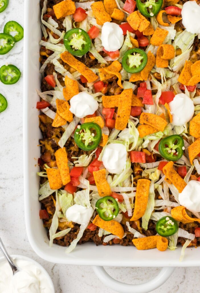 A casserole pan of the baked Frito walking taco casserole