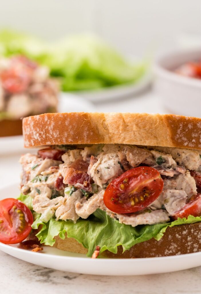A sandwich with blt chicken salad in it