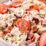 chicken salad inside a bowl with tomatoes, bacon, and chicken