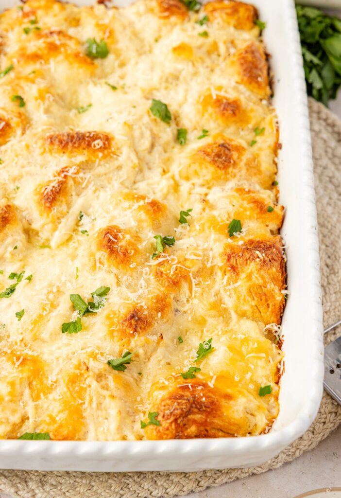 Casserole that has been baked with biscuits
