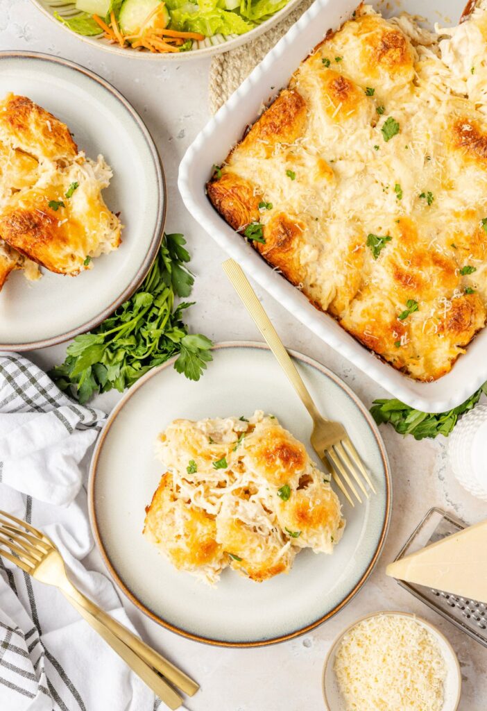 top view of the casserole dish with a serving plate of it