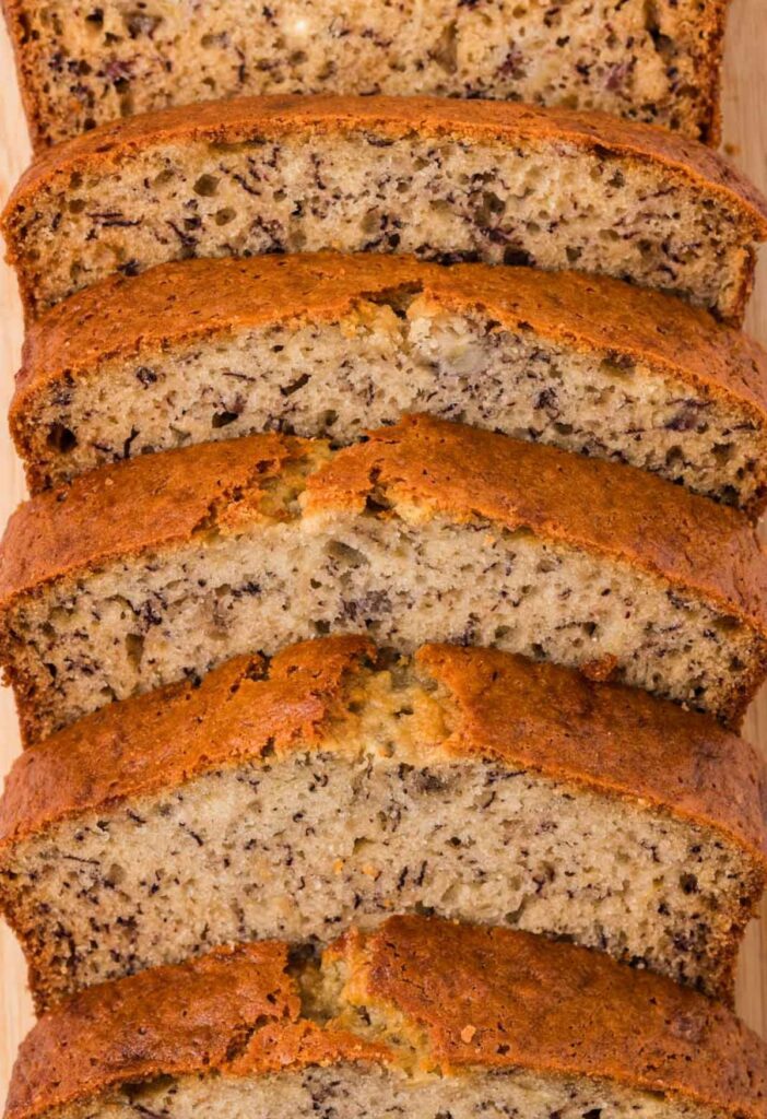 Close up of the slices of banana bread with sour cream