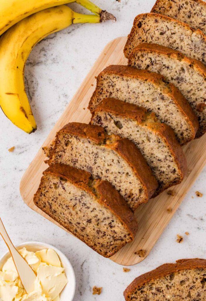 Loaf of baked banana bread with sour cream